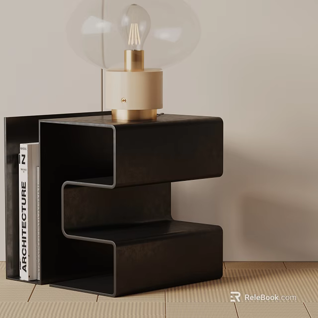 Modern Black Side Table With Layered Design Gold Base Lamp Cream Shade And Books 3d model 