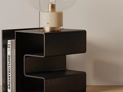 Modern Black Side Table With Layered Design Gold Base Lamp Cream Shade And Books 3d model