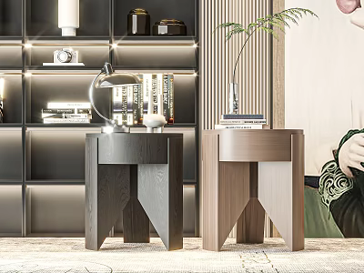Elegant Wooden Bedside Tables With Bookshelf Lamp Books And Green Plant 3d model