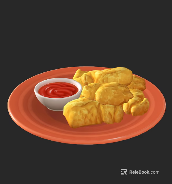 Golden Fried Snacks Served On Orange Plate With Small Bowl Of Red Sauce 3d model 
