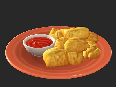 Golden Fried Snacks Served On Orange Plate With Small Bowl Of Red Sauce 3d model