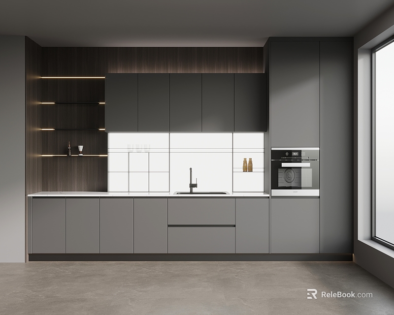 Modern Kitchen With Grey Cabinets White Tile Backsplash Integrated Oven And Wooden Accents 3d model 