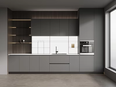 Modern Kitchen With Grey Cabinets White Tile Backsplash Integrated Oven And Wooden Accents 3d model