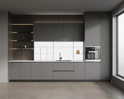 Modern Kitchen With Grey Cabinets White Tile Backsplash Integrated Oven And Wooden Accents 3d model