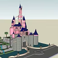 Historic Castle Featuring Pink Structure Blue Spires Gray Stone Walls Arched Entrance And Fountains
