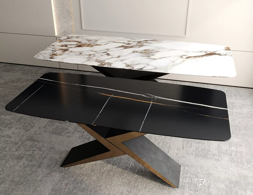 Elegant Modern Dining Table With Marble And Black Top Cross Metal Base Design 3d model 