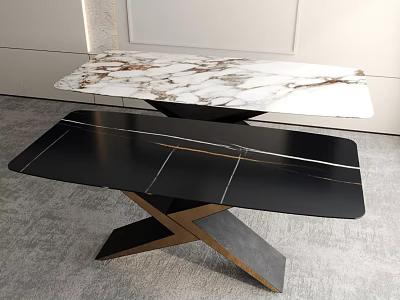 Elegant Modern Dining Table With Marble And Black Top Cross Metal Base Design 3d model