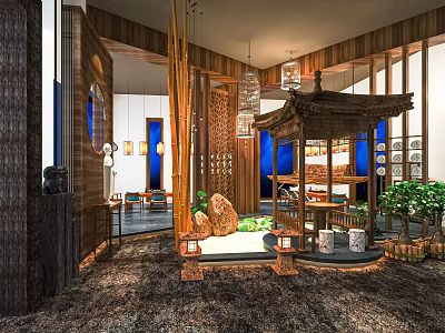 Traditional Chinese Tea House Interior With Wooden Screens Pavilion Green Plants And Stone Features 3d model