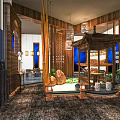 Traditional Chinese Tea House Interior With Wooden Screens Pavilion Green Plants And Stone Features