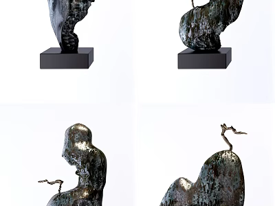 Modern Ornament Sculpture Set With Metallic Finish Black Square Base Irregular Shapes And Branch Accents 3d model