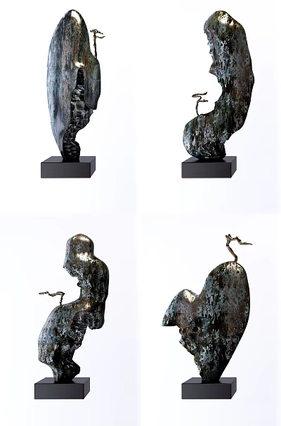 Modern Ornament Sculpture Set With Metallic Finish Black Square Base Irregular Shapes And Branch Accents 3d model