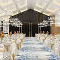 Elegant Banquet Hall Interior With Chandeliers Large Windows Dining Tables Blue Carpet And Flower Centerpieces