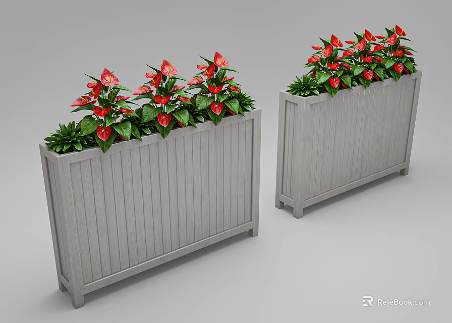 Gray Wooden Garden Planters With Red Flowers Green Leaves For Outdoor Decor 3d model 