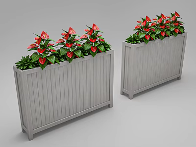Gray Wooden Garden Planters With Red Flowers Green Leaves For Outdoor Decor 3d model