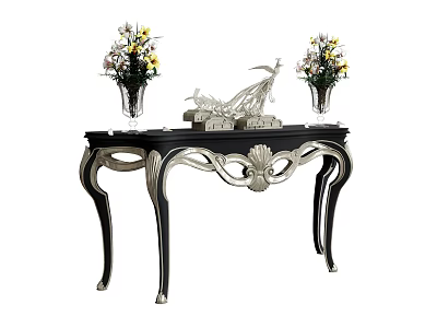 Stylish Console Table With Decorative Vases Artistic Sculpture And Ornate Metal Accents 3d model