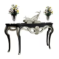 Stylish Console Table With Decorative Vases Artistic Sculpture And Ornate Metal Accents