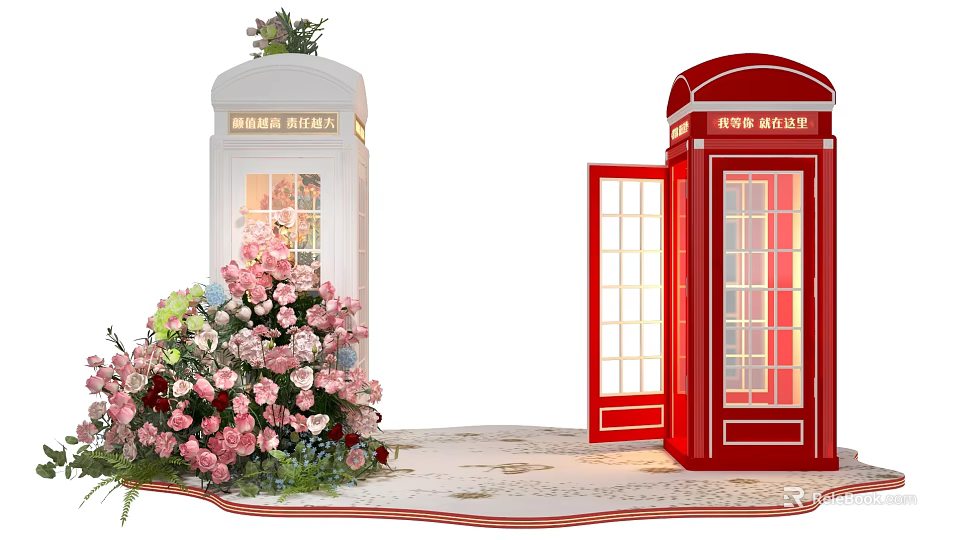 Floral Art Display With Red And White Telephone Booths And Pink Flower Bouquets 3d model 
