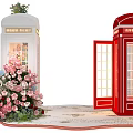 Floral Art Display With Red And White Telephone Booths And Pink Flower Bouquets