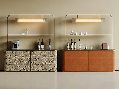 Modern Sideboard with Stone and Brown Wine Bottles Glasses Coffee Machine on Shelves and Lighting 3d model