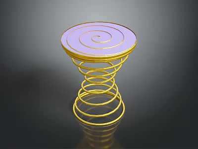 Modern Decorative Stool with Golden Spiral Spring Base and Purple Circular Top with Spiral Pattern 3d model