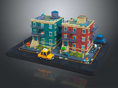 Green And Red Multi Story Apartment Buildings With Balconies Yellow Taxi And Blue Truck 3d model