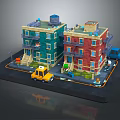 Green And Red Multi Story Apartment Buildings With Balconies Yellow Taxi And Blue Truck