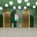 Elevator Hallway Featuring Green Walls Round Pendant Lights White Tiled Floor And Green Seats