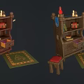 Vintage Wooden Bookshelf With Shelves Drawers Red Bottle Books Small Stool And Green Rug
