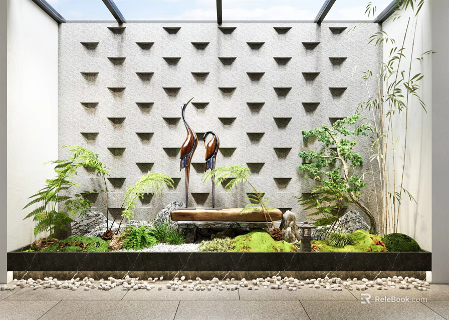 Garden Ornament Featuring Gray Wall Triangular Patterns Crane Sculptures Green Plants Water Feature and Pebbles 3d model 