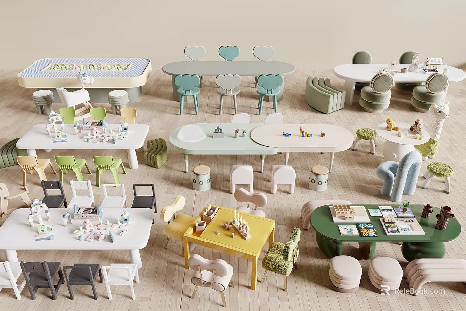 Colorful Kids Table With Matching Chairs For Children Play And Learn Space 3d model 