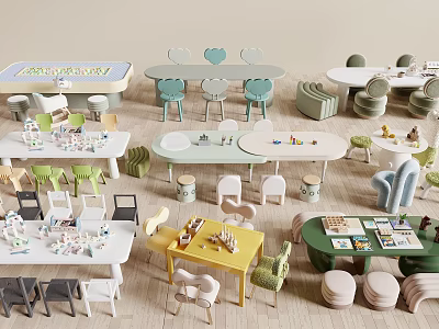 Colorful Kids Table With Matching Chairs For Children Play And Learn Space 3d model