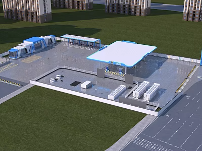Modern Transit Hub With Blue Canopy White Structure And Green Lawn Facilities 3d model