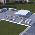 Modern Transit Hub With Blue Canopy White Structure And Green Lawn Facilities