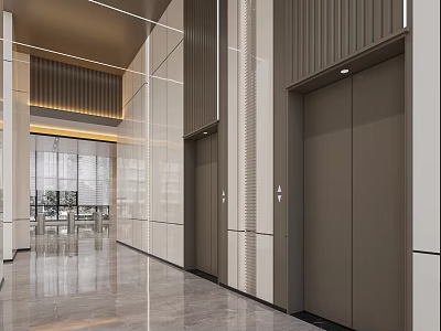 Modern Upscale Office Building Elevator Lobby With Elegant Wall Decor And Polished Marble Floor 3d model