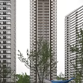 Modern High Rise Residential Building Exterior With Balconies And Green Trees In Urban Area