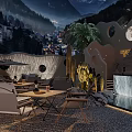 Scenic Mountain Backdrop Bar With Outdoor Seating Night View And Ambient Lighting Decor