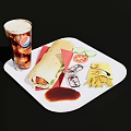 Delicious Chicken Wrap With Fries Cola Drink Tomato Slices And Ketchup On White Tray