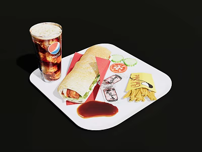 Delicious Chicken Wrap With Fries Cola Drink Tomato Slices And Ketchup On White Tray 3d model