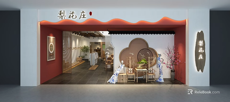Traditional Chinese Clothing Store with Red Eaves White Walls and Blue White Qipao Mannequins 3d model 