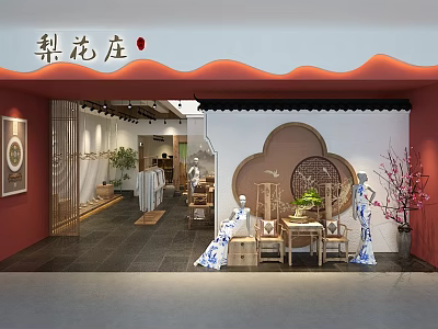 Traditional Chinese Clothing Store with Red Eaves White Walls and Blue White Qipao Mannequins 3d model