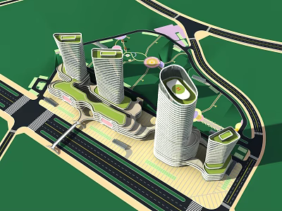 Modern Multiple Office Buildings With Green Roofs Surrounding Roads And Green Spaces 3d model