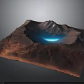 Square Mountain Terrain Model With Red Brown Landscape And Blue Glowing Center