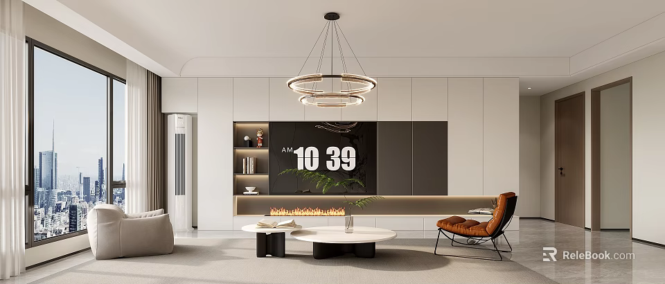 Modern Living Dining Room Interior With Circular Chandelier TV Wall Fireplace Coffee Table And Armchair 3d model 