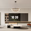 Modern Living Dining Room Interior With Circular Chandelier TV Wall Fireplace Coffee Table And Armchair
