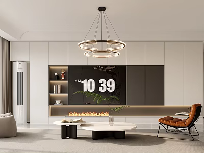 Modern Living Dining Room Interior With Circular Chandelier TV Wall Fireplace Coffee Table And Armchair 3d model