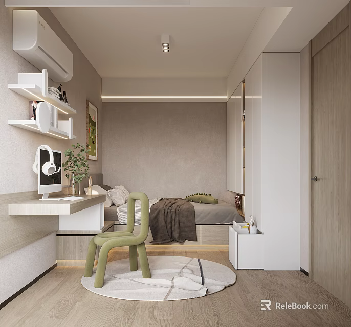 Modern Tatami Bedroom Interior With Desk Green Chair Computer Plant And Soft Tones Design 3d model 