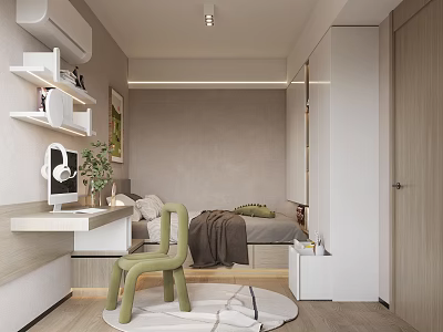 Modern Tatami Bedroom Interior With Desk Green Chair Computer Plant And Soft Tones Design 3d model
