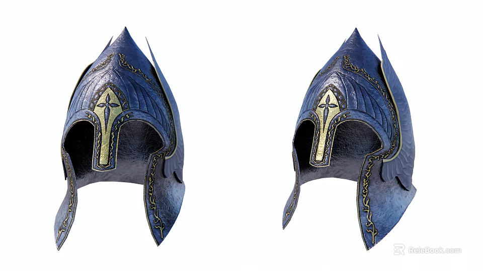 Blue Medieval Style Helmets With Golden Cross Decoration And Intricate Patterns 3d model 