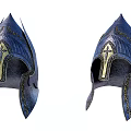 Blue Medieval Style Helmets With Golden Cross Decoration And Intricate Patterns
