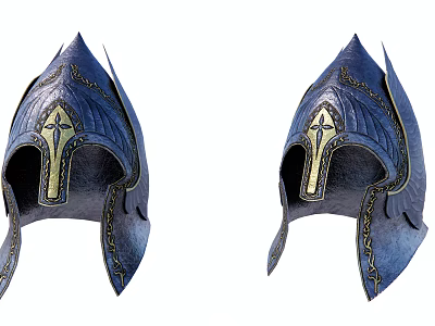 Blue Medieval Style Helmets With Golden Cross Decoration And Intricate Patterns 3d model